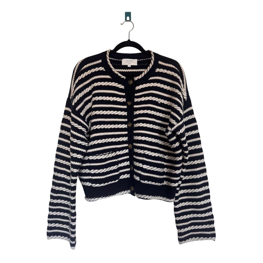La Ligne Gabrielle Braided Wool Cardigan Navy White Striped M - Picture 4 of 7